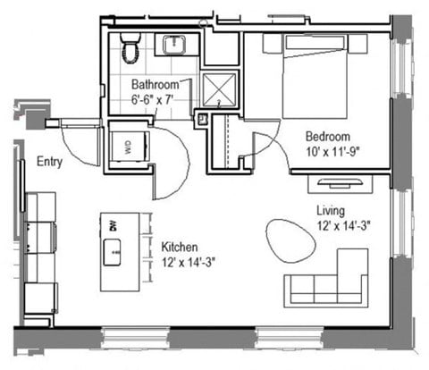 Floor plan for 1 bed, 1 bath, 611 sqft